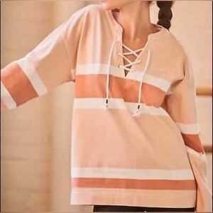 The Upside womens size Medium Freya Pullover Peach Striped Cotton Lounge Sweater